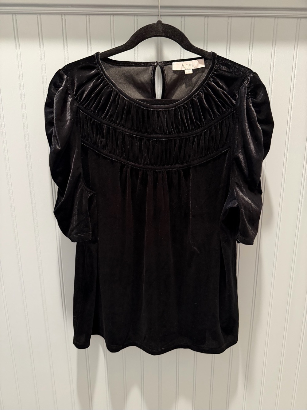 LOFT Black Velvet Puff-Sleeve Yoke Blouse
